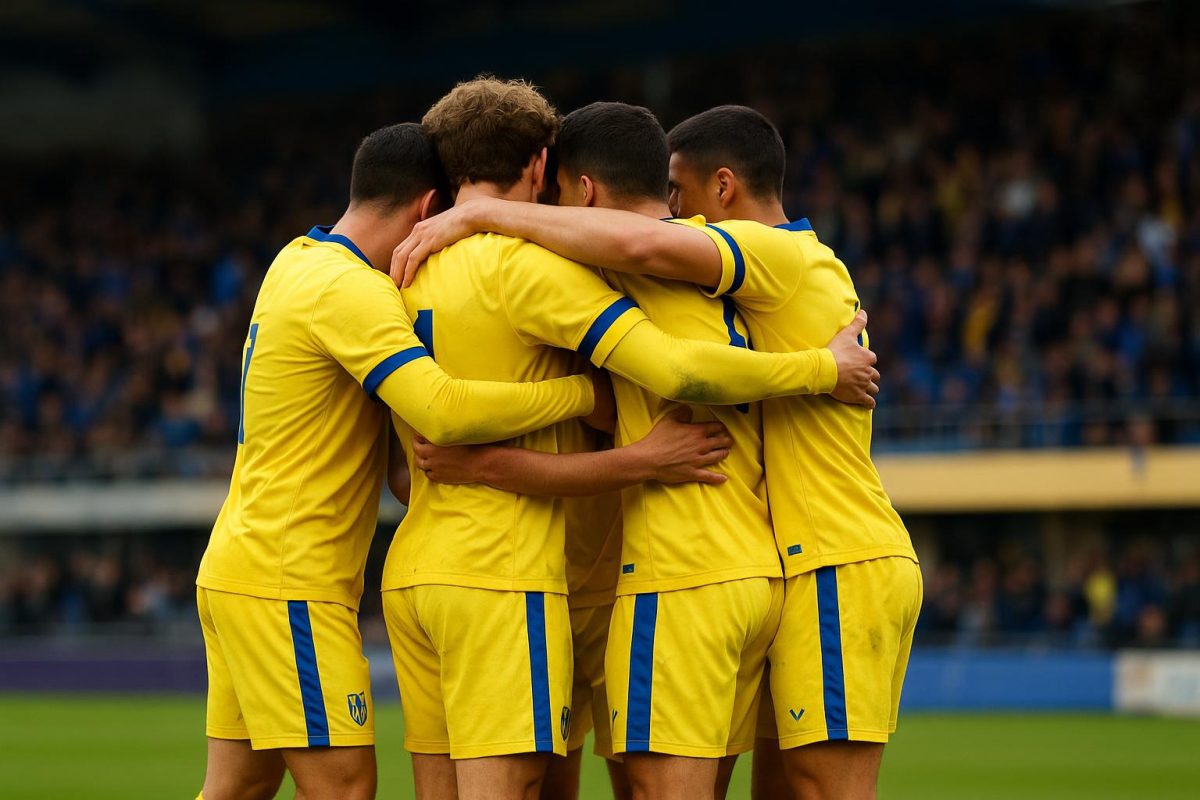 Spelers van KVC Westerlo vieren samen een doelpunt tijdens een competitiewedstrijd
