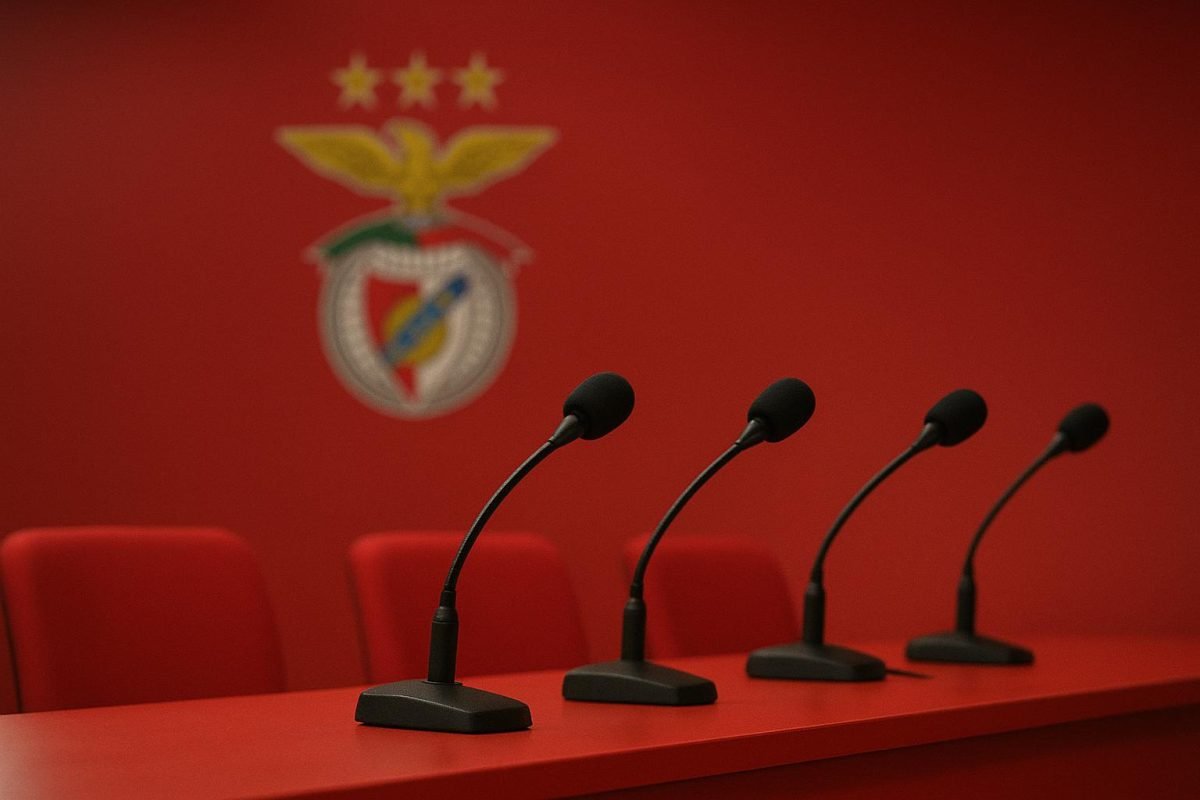 Een perszaal met microfoons bij Benfica, in aanloop naar de wedstrijd tegen Real Madrid.