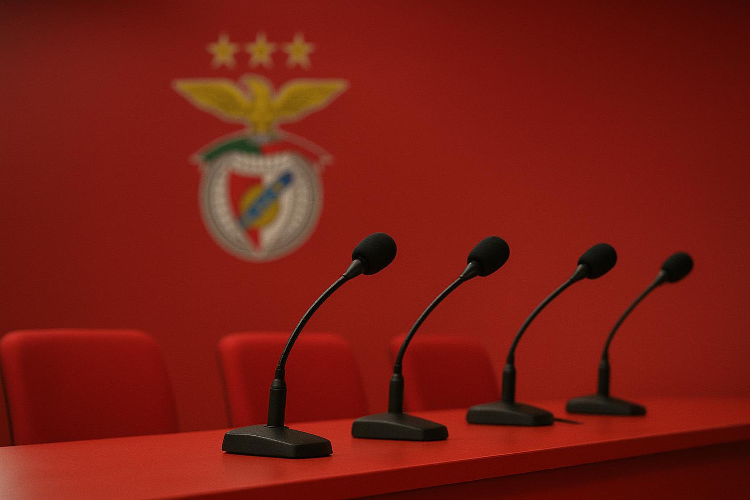 Een perszaal met microfoons bij Benfica, in aanloop naar de wedstrijd tegen Real Madrid.