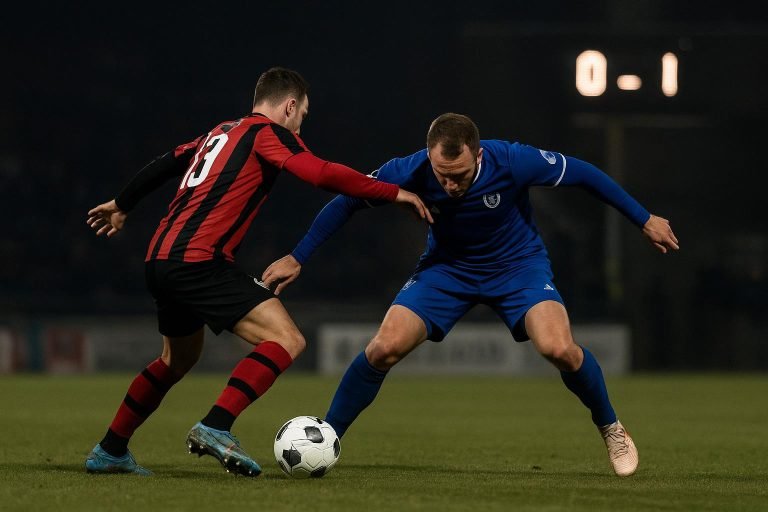 Spelmoment tijdens Dender tegen KRC Genk, met spelers in duel om de bal
