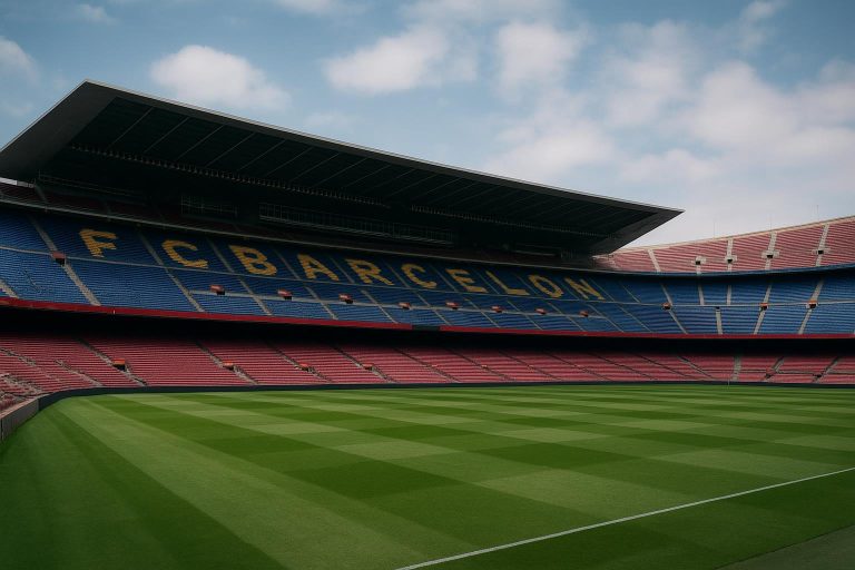 Sfeerbeeld rond Camp Nou met clubkleuren van FC Barcelona, zonder herkenbare gezichten.