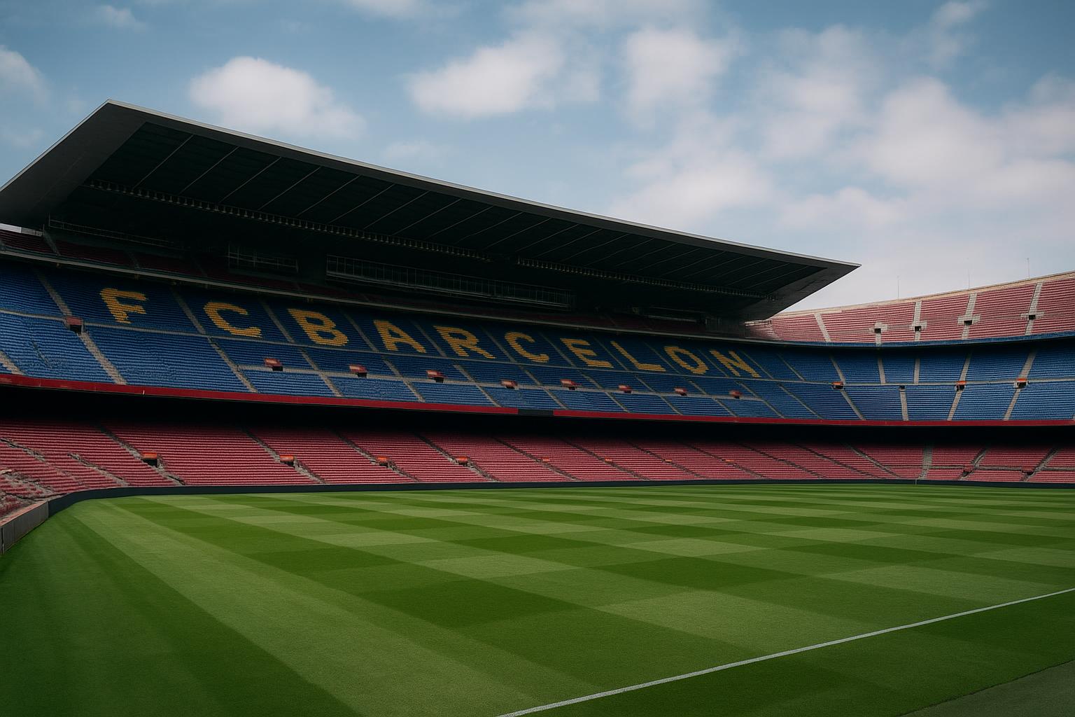 Sfeerbeeld rond Camp Nou met clubkleuren van FC Barcelona, zonder herkenbare gezichten.