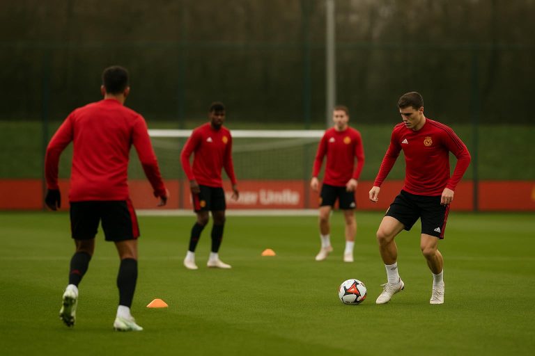 Sfeershot op een trainingscomplex van Manchester United, met een speler op de achtergrond zonder herkenbaar gezicht