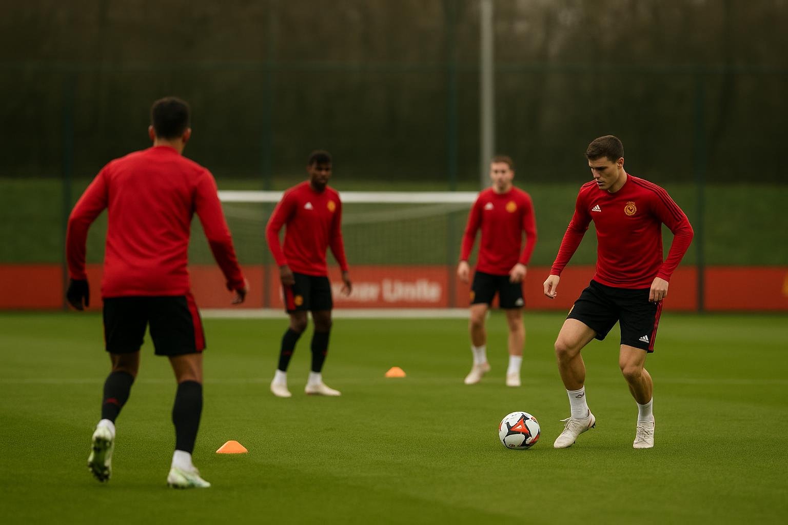 Sfeershot op een trainingscomplex van Manchester United, met een speler op de achtergrond zonder herkenbaar gezicht