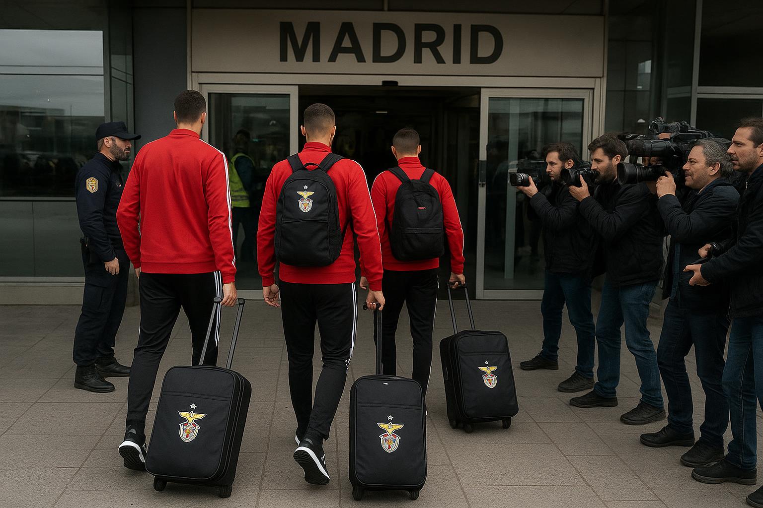 Spelers en staf van Benfica arriveren in Madrid met pers op de achtergrond