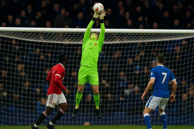 Senne Lammens in actie als doelman van Manchester United tijdens de uitmatch bij Everton