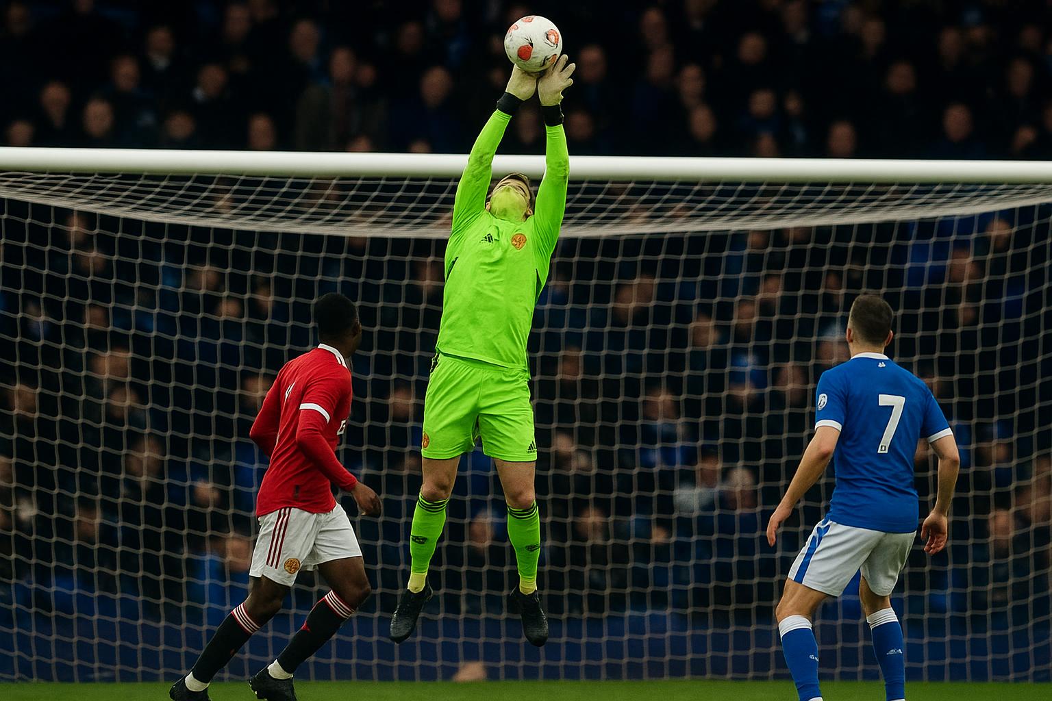 Senne Lammens in actie als doelman van Manchester United tijdens de uitmatch bij Everton