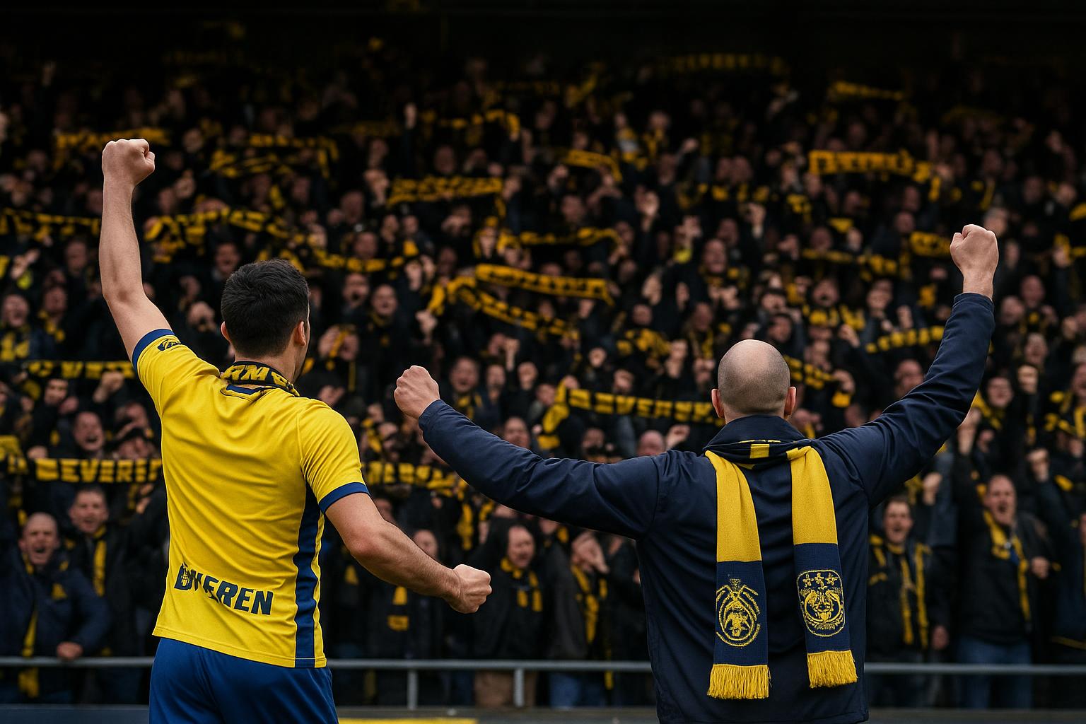 Bob Peeters viert de promotie van SK Beveren na de wedstrijd tegen Patro