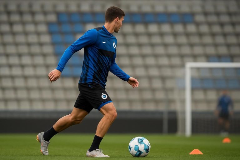 Aleksander Stankovic van Club Brugge op training, gezien van achteren op het middenveld