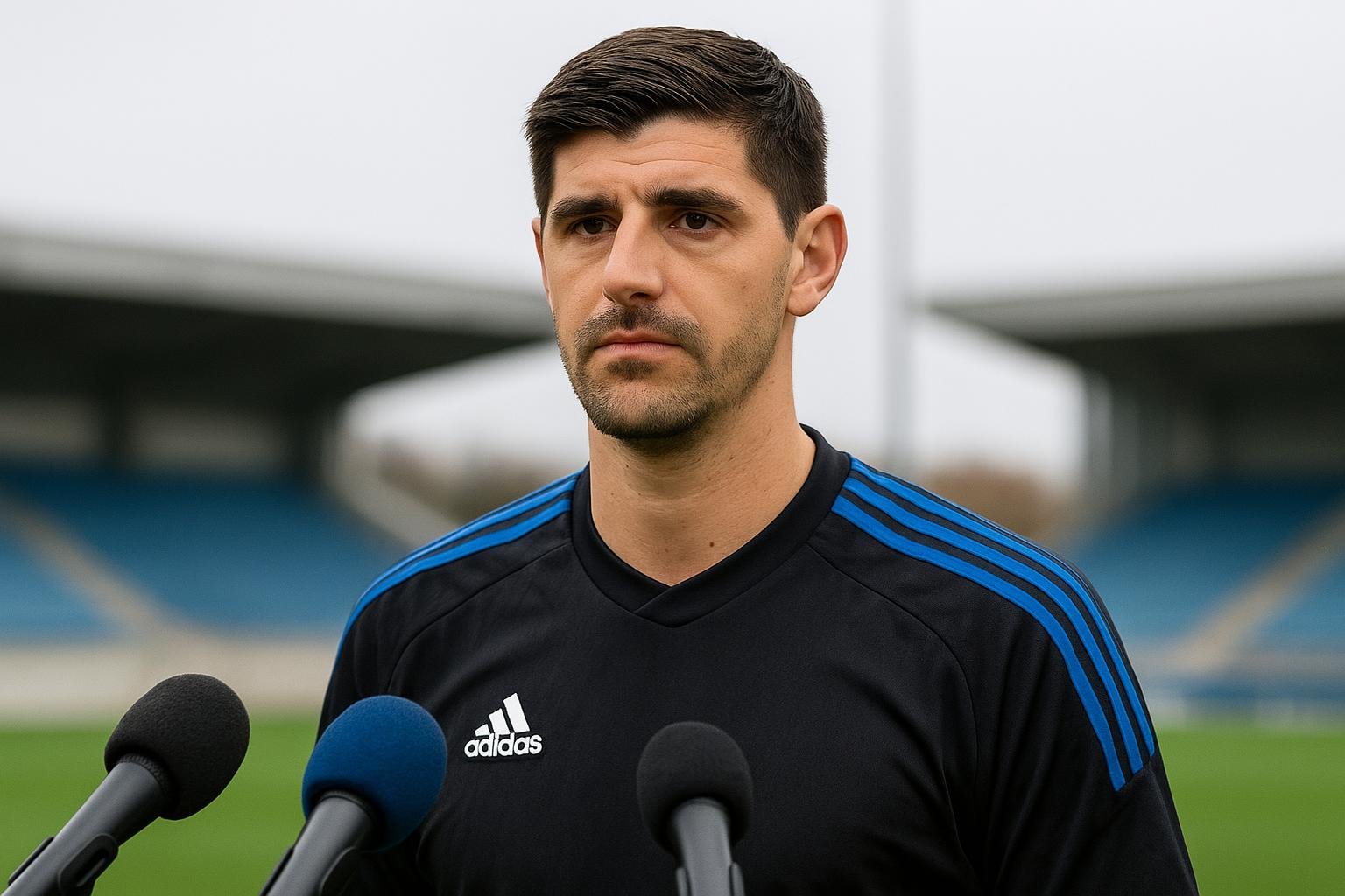 Thibaut Courtois in Real Madrid-outfit tijdens een persmoment