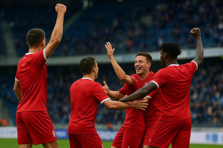 Spelers van Standard vieren de 0-3-zege op bezoek bij KRC Genk