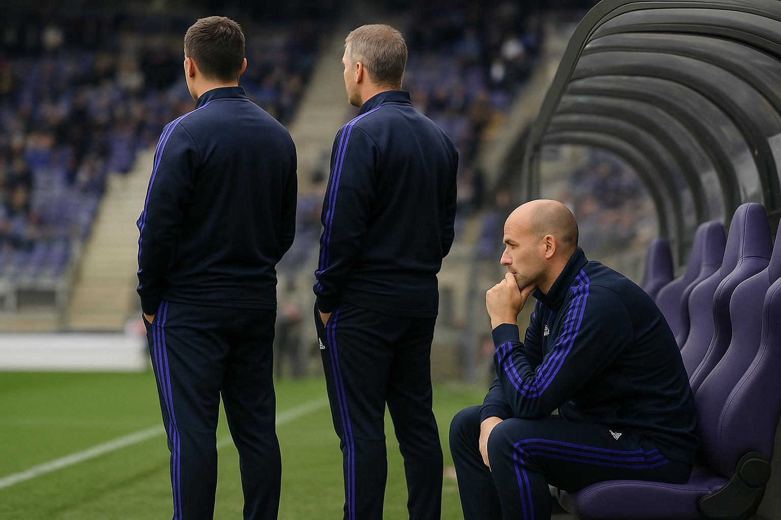 Zicht op de bankzone van RSC Anderlecht tijdens een wedstrijd, zonder herkenbare gezichten
