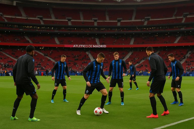 Spelers van Club Brugge tijdens de opwarming in het Estadio Metropolitano voor het duel met Atlético Madrid