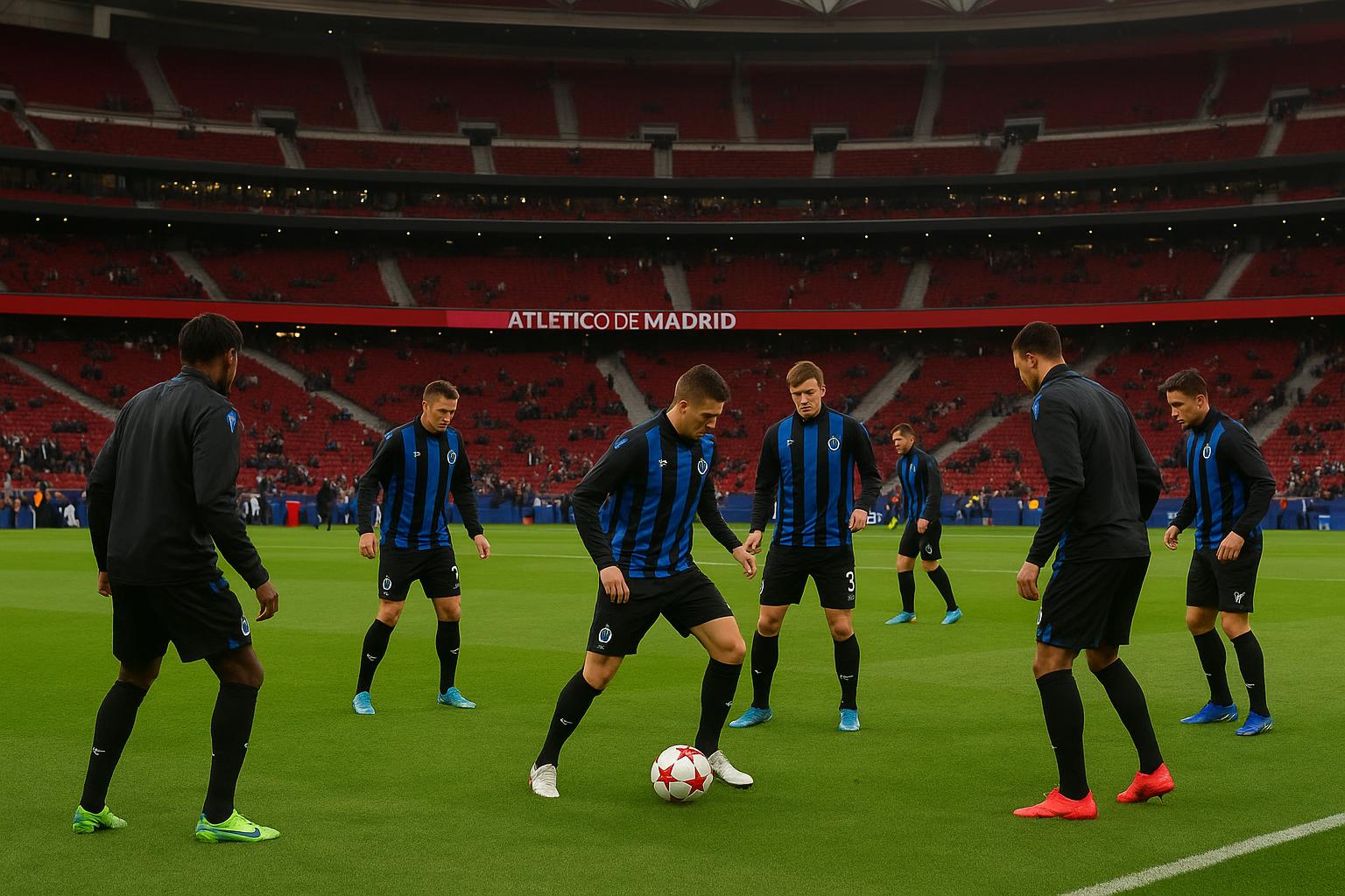 Spelers van Club Brugge tijdens de opwarming in het Estadio Metropolitano voor het duel met Atlético Madrid
