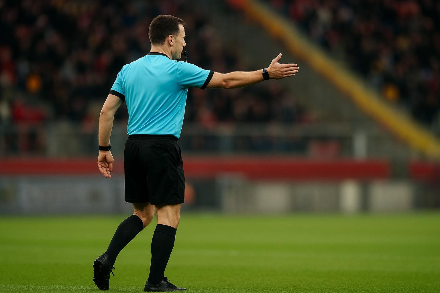 Scheidsrechter met fluit op het veld tijdens een wedstrijd in België