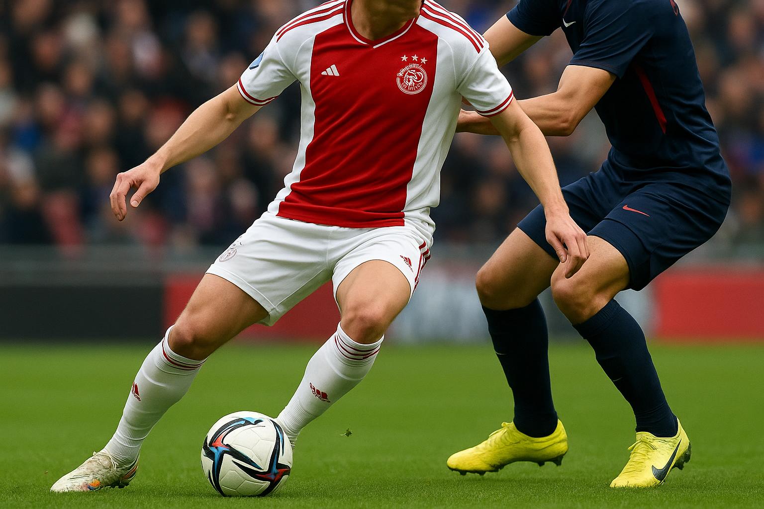 Mika Godts van Ajax in actie tijdens een wedstrijd