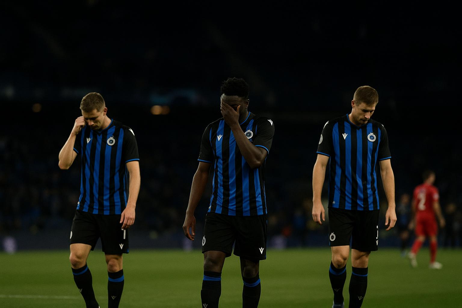 Spelers van Club Brugge stappen van het veld in het Metropolitano na de Europese uitschakeling