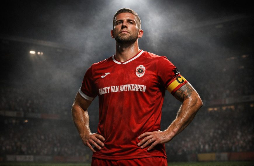 Toby Alderweireld als aanvoerder van Royal Antwerp FC op de Bosuil, met een rustige, geconcentreerde blik.