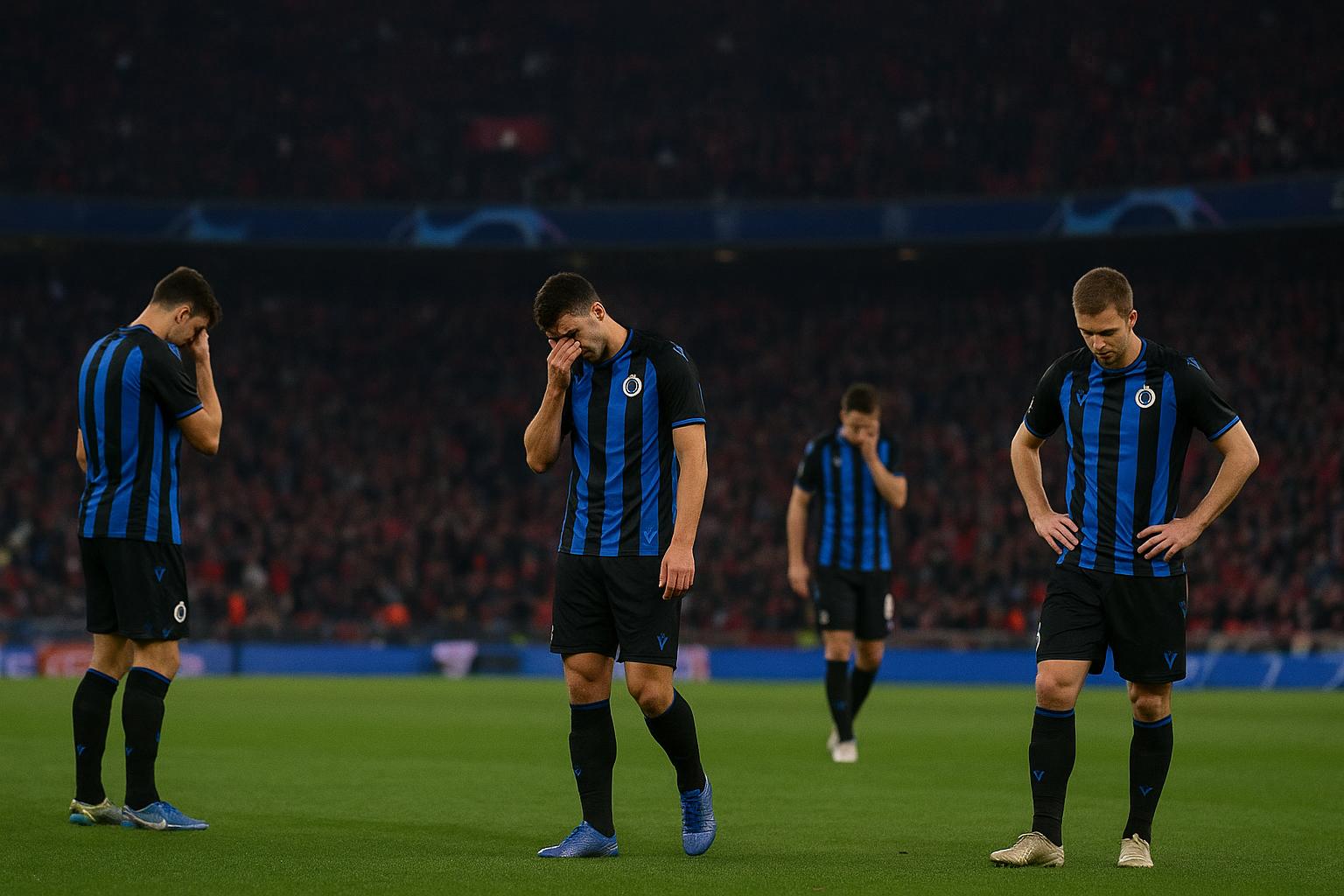 Teleurgestelde spelers van Club Brugge na de 4-1-nederlaag bij Atlético Madrid