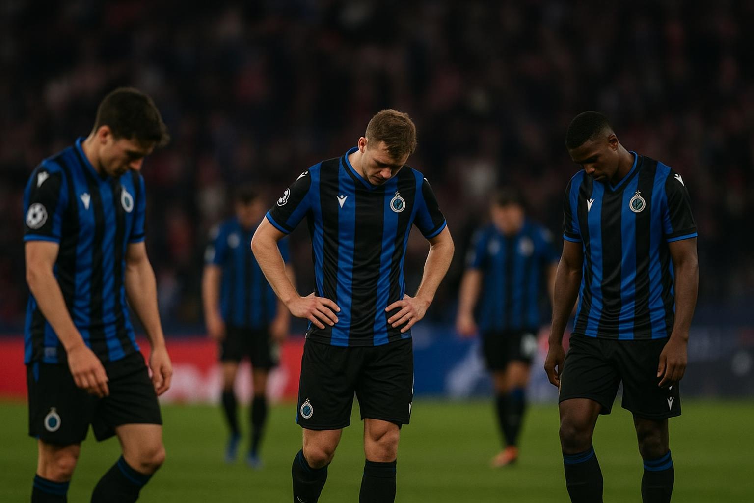 Spelers van Club Brugge balen na de wedstrijd in het Metropolitano tegen Atlético Madrid