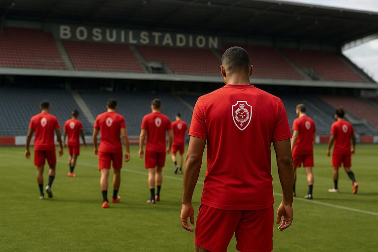 Sfeerbeeld in het Bosuilstadion bij Royal Antwerp FC tijdens een moment van vieren