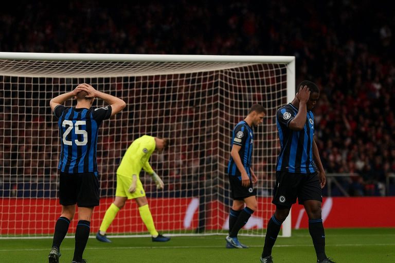 Spelers van Club Brugge balen in het Metropolitano-stadion na de Champions League-match tegen Atlético Madrid.