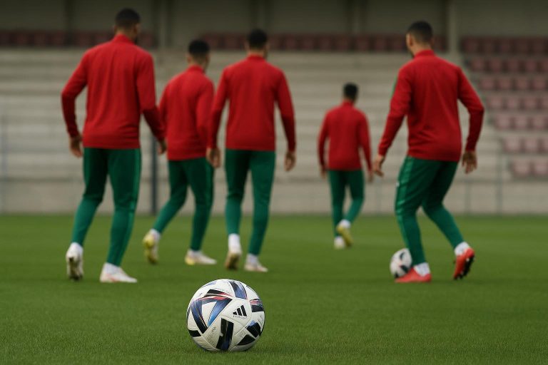 Sfeerbeeld bij de Marokkaanse nationale ploeg tijdens een training, zonder herkenbare gezichten