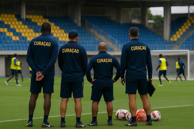 Curaçao-staf op het trainingsveld, met focus op coachingzone zonder herkenbare gezichten