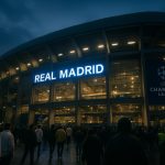 Sfeerbeeld rond het stadion van Real Madrid op een Champions League-avond, zonder herkenbare gezichten