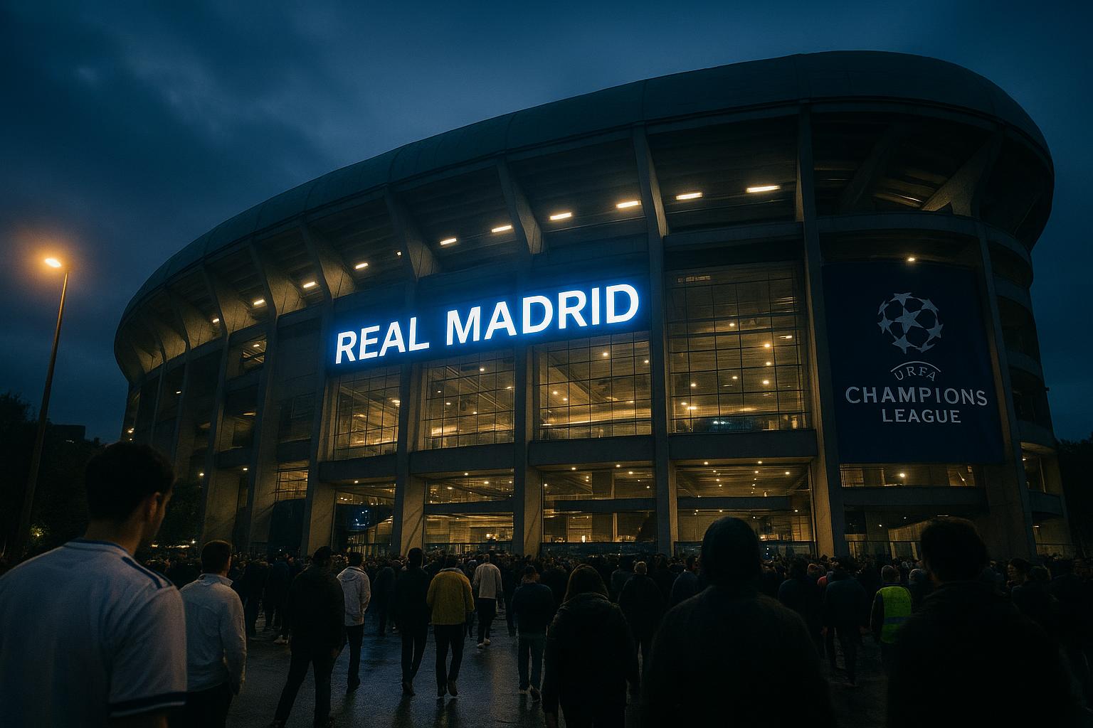 Sfeerbeeld rond het stadion van Real Madrid op een Champions League-avond, zonder herkenbare gezichten