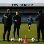 Sfeerbeeld op het trainingsveld van FCV Dender terwijl de technische staf de werking overneemt