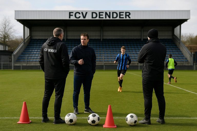 Sfeerbeeld op het trainingsveld van FCV Dender terwijl de technische staf de werking overneemt