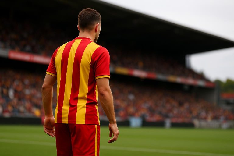 Actiefoto van een KV Mechelen-verdediger tijdens een wedstrijd, gezien van achteren