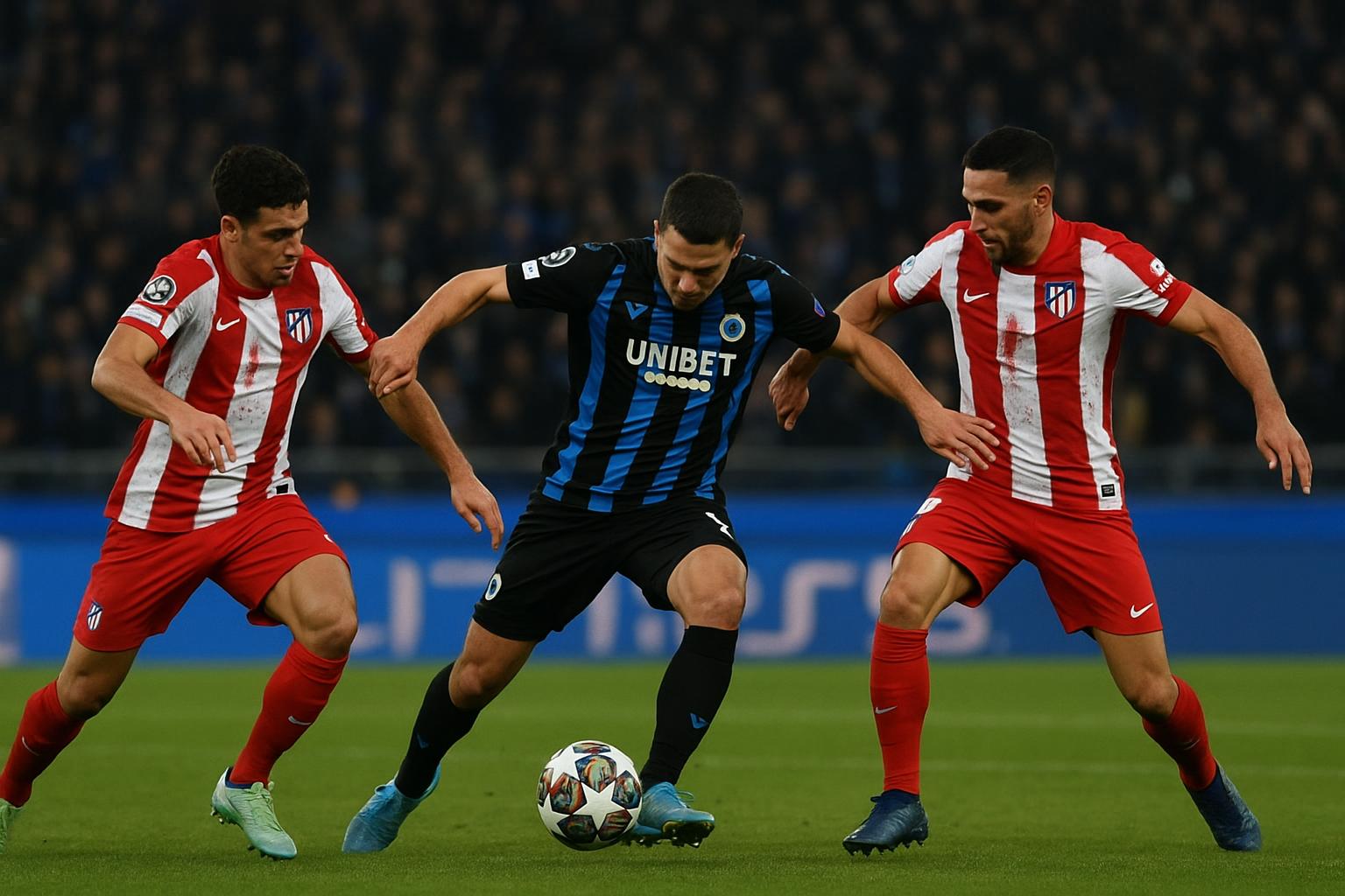 Actiebeeld van een Champions League-duel tussen Club Brugge en Atlético Madrid