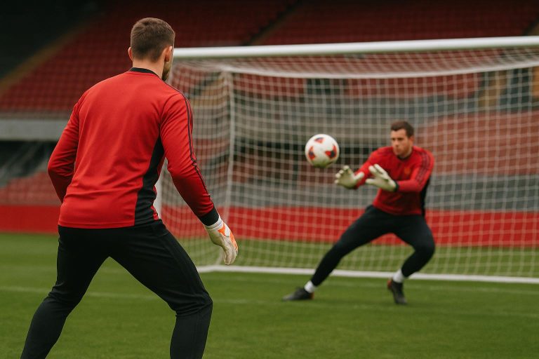 Doelmannen van Manchester United op training met keepershandschoenen en doelen op de achtergrond.