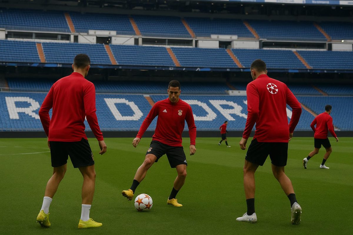 Benfica-spelers op training in het Bernabéu met focus op de matchcontext tegen Real Madrid