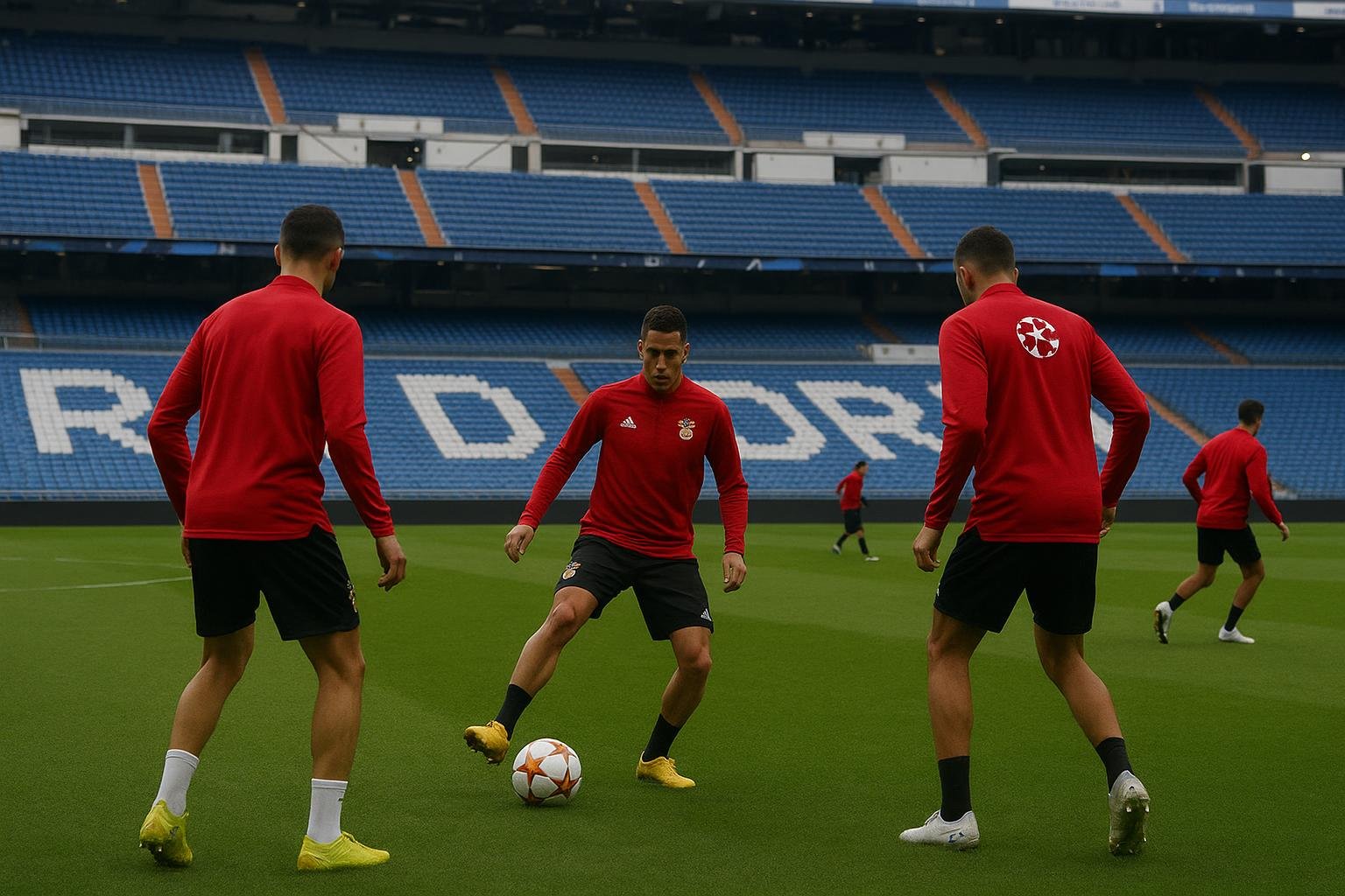 Benfica-spelers op training in het Bernabéu met focus op de matchcontext tegen Real Madrid