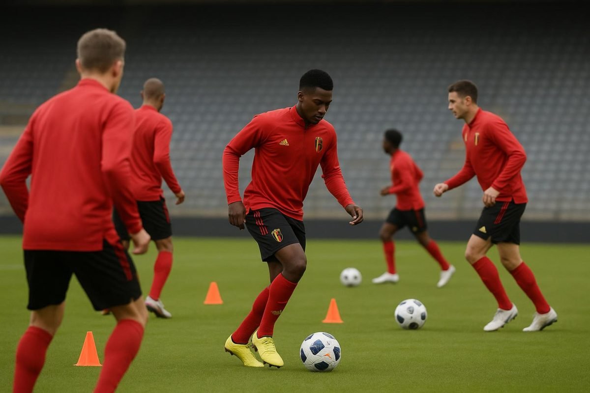 Training van de Rode Duivels op het veld met spelers in beweging, zonder herkenbare gezichten
