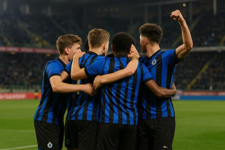 Spelers van Club Brugge U19 vieren na de kwalificatie in de UEFA Youth League.