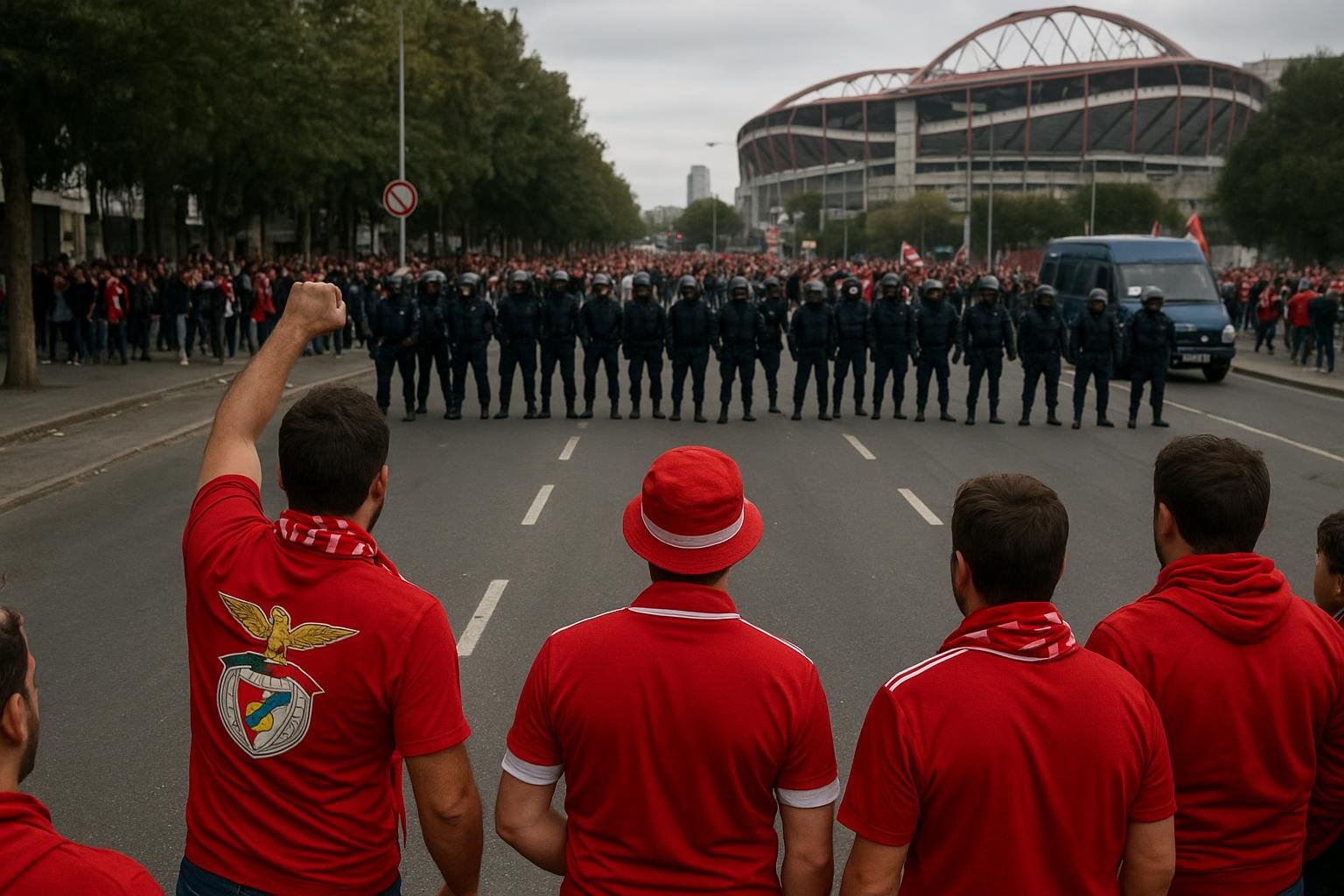 Politie en supporters in een straat in Madrid met onrustige sfeer, zonder herkenbare gezichten