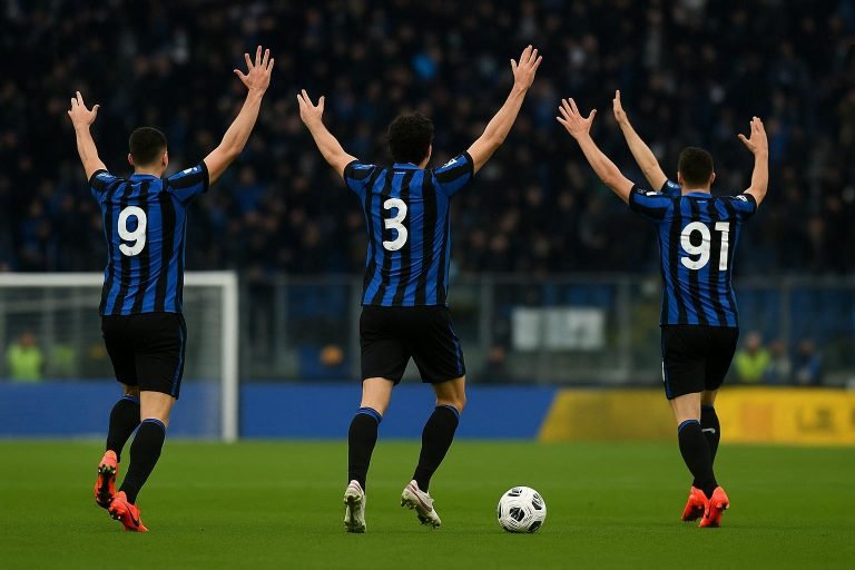 Spelers van Atalanta vieren in het stadion na een late penalty tegen Borussia Dortmund in de Champions League.