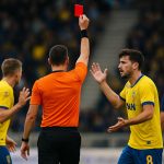 Scheidsrechter in STVV-Charleroi tijdens een discutabele fase met een rode kaart