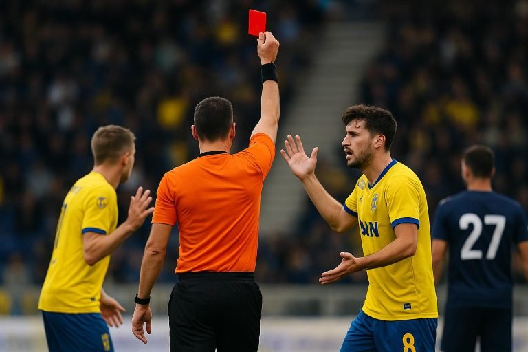 Scheidsrechter in STVV-Charleroi tijdens een discutabele fase met een rode kaart