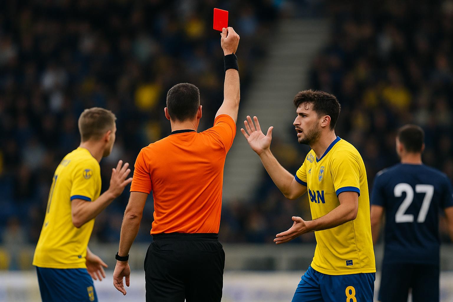 Scheidsrechter in STVV-Charleroi tijdens een discutabele fase met een rode kaart