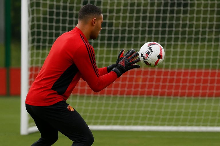 Doelman in trainingscontext bij Manchester United, met focus op handschoenen en doelnet