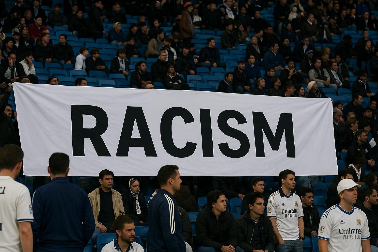 Supporters van Real Madrid tonen een groot antiracisme-spandoek in het Bernabéu