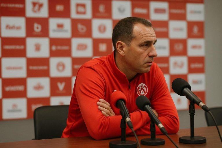 Michiel De Jonckheere, trainer van KV Kortrijk, tijdens een persmoment