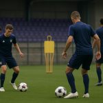 Spelers van RSCA Futures op het oefenveld in Neerpede, gezien vanop afstand
