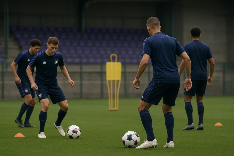 Spelers van RSCA Futures op het oefenveld in Neerpede, gezien vanop afstand