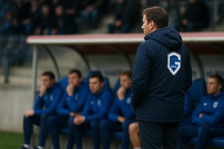 Nicky Hayen langs de zijlijn bij KRC Genk tijdens een wedstrijd in de Jupiler Pro League